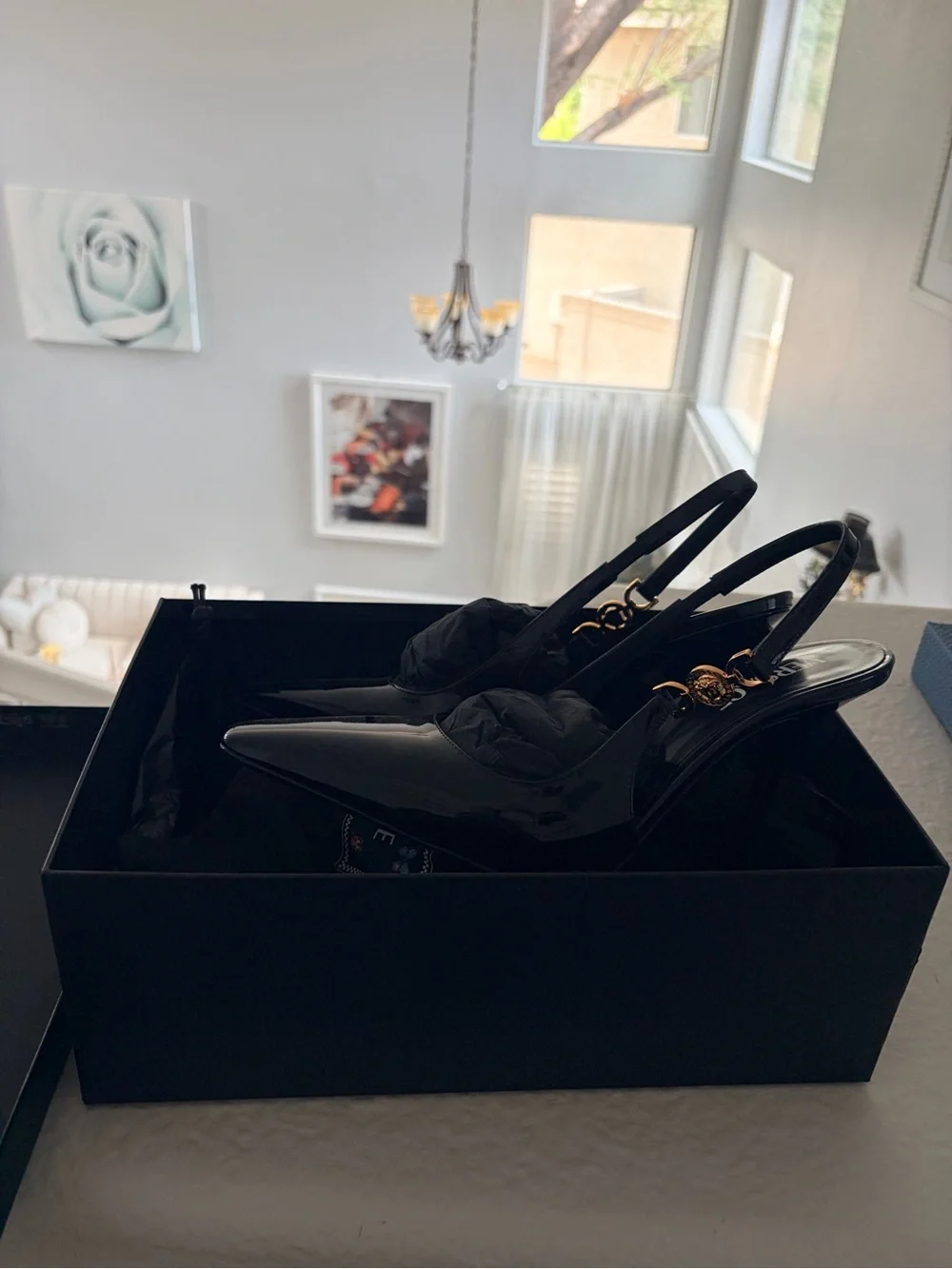 Versace Black Patent Leather Pointed Slingback Heels with Gold Medusa - Picture 7 of 10